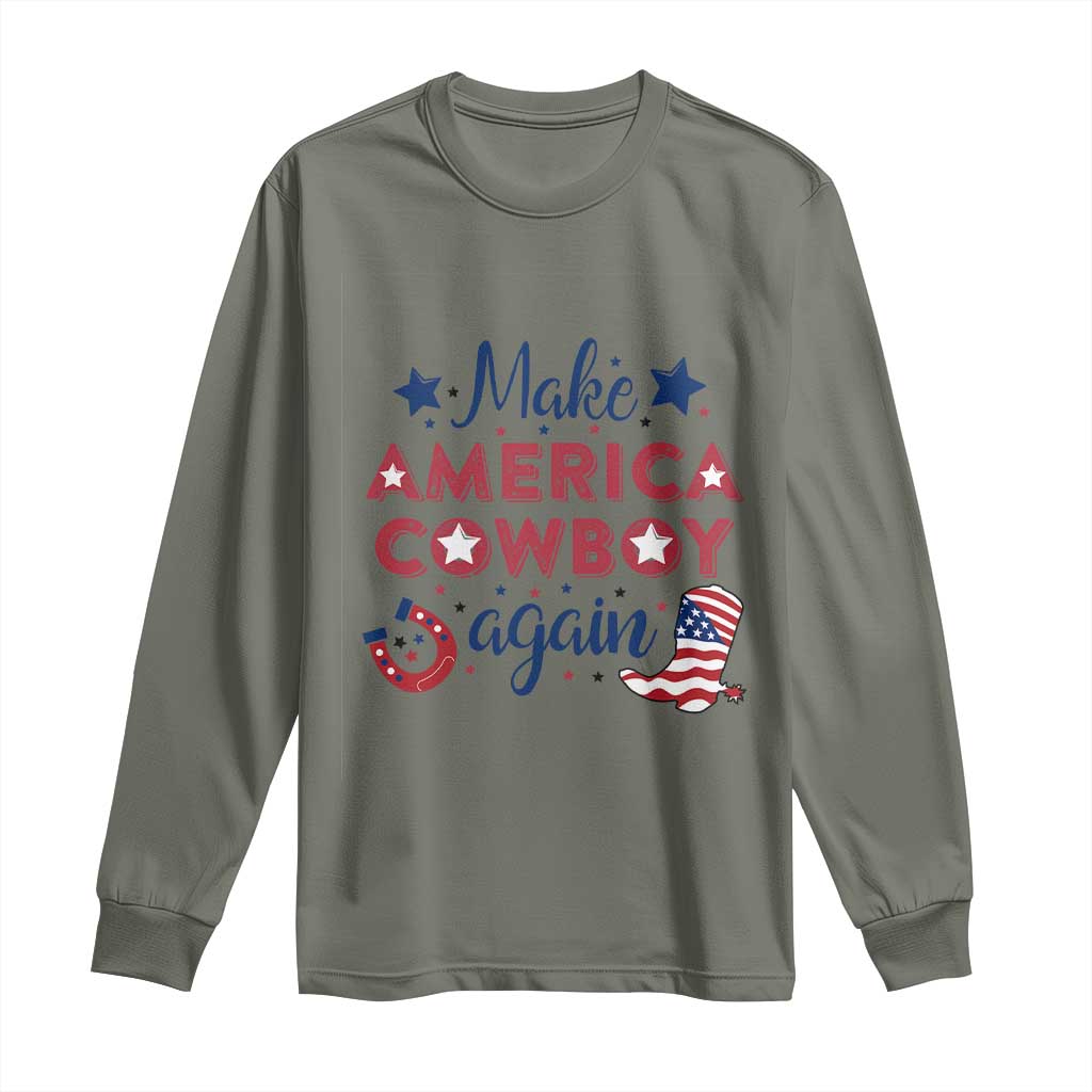 Retro Western Cowboys Long Sleeve Shirt Make America A Cowboy Again Country Lifestyle Rodeo TS02 Military Green Print Your Wear