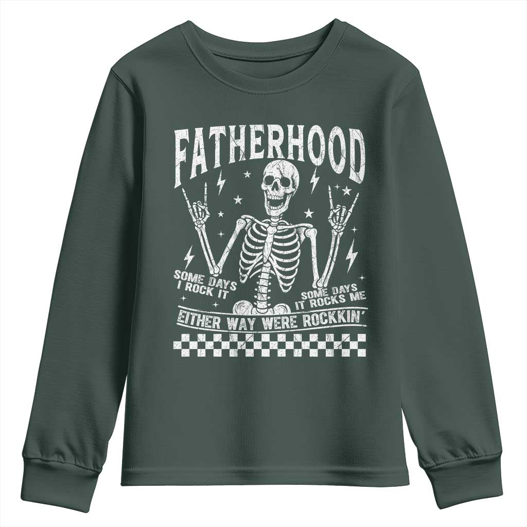 Rockin' Fatherhood Skeleton Youth Sweatshirt Funny Dad Life Quote Gift for Fathers Day TS02 Dark Forest Green Print Your Wear
