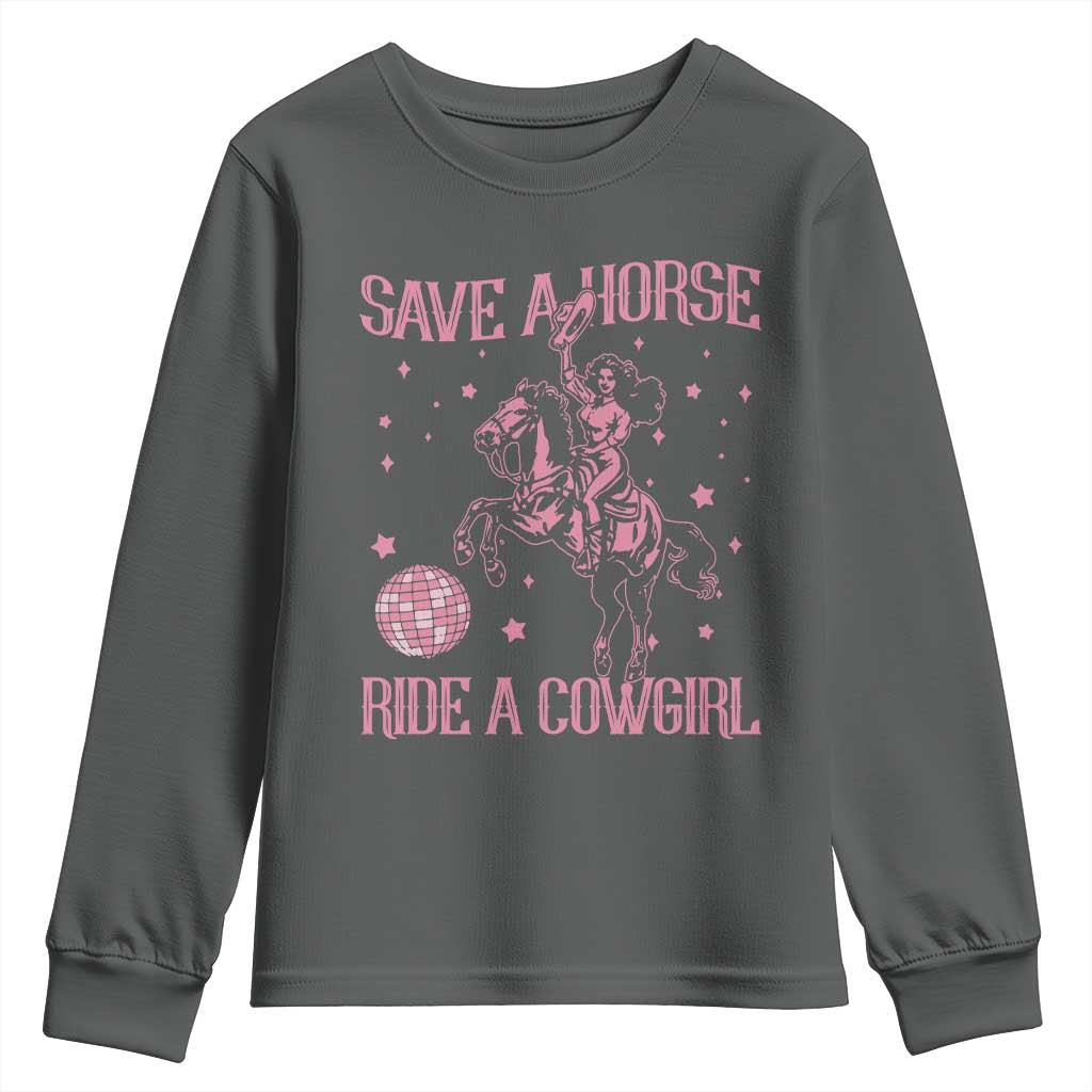 Save A Horse Ride A Cowgirl Youth Sweatshirt Subtle Lesbian Cowgirl Western LGBTQ Pride Month TS10 Dark Heather Print Your Wear