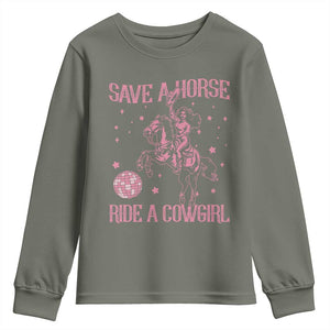 Save A Horse Ride A Cowgirl Youth Sweatshirt Subtle Lesbian Cowgirl Western LGBTQ Pride Month TS10 Military Green Print Your Wear
