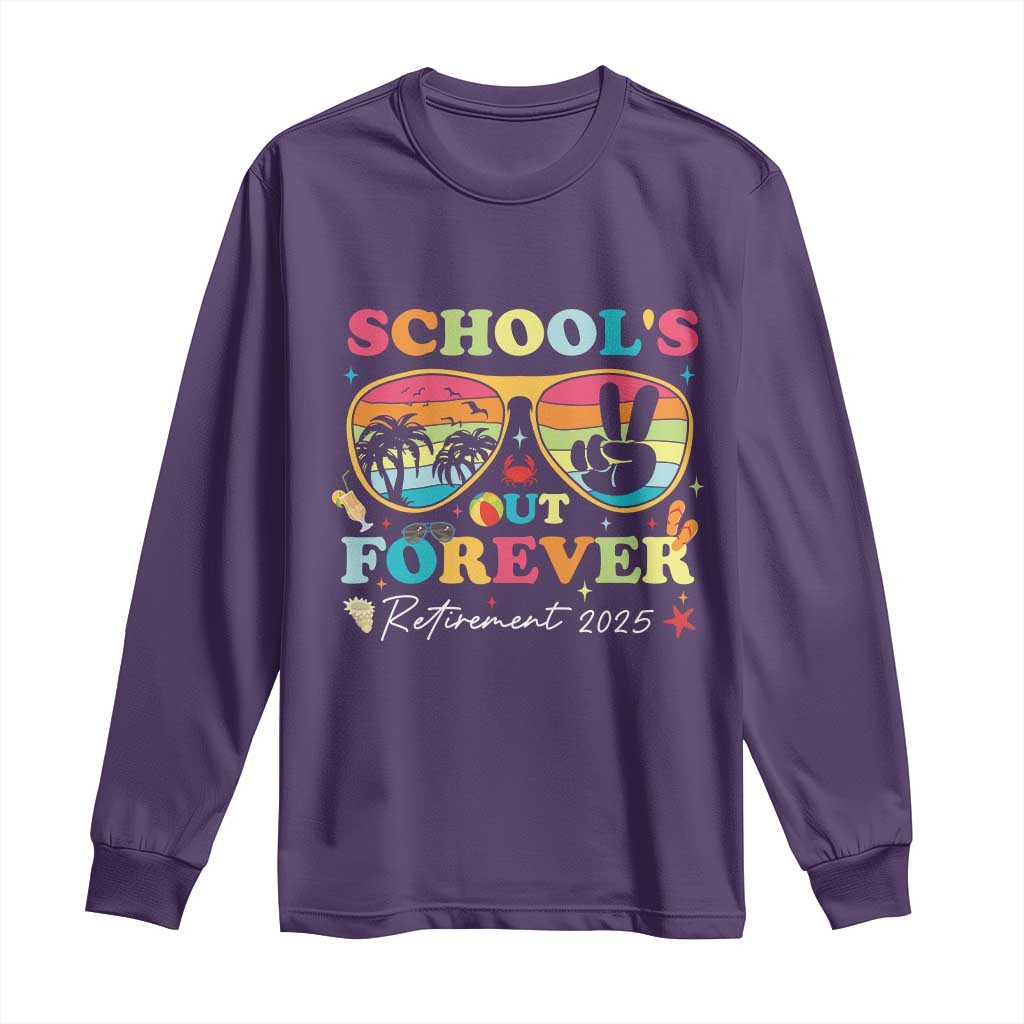 School's Out Forever Retired Teacher 2025 Long Sleeve Shirt Groovy Retirement TS10 Purple Print Your Wear