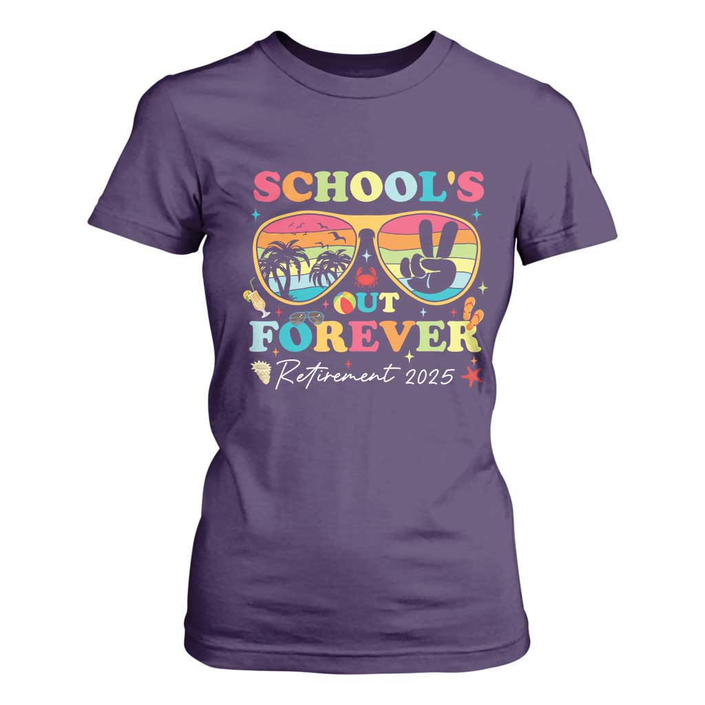 School's Out Forever Retired Teacher 2025 T Shirt For Women Groovy Retirement TS10 Purple Print Your Wear