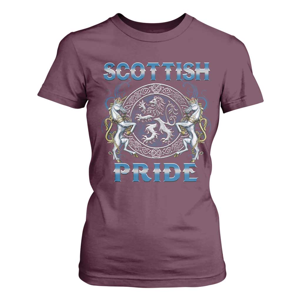Scottish Pride T Shirt For Women Lion Rampant Unicorns Scottish Flag TS11 Maroon Print Your Wear