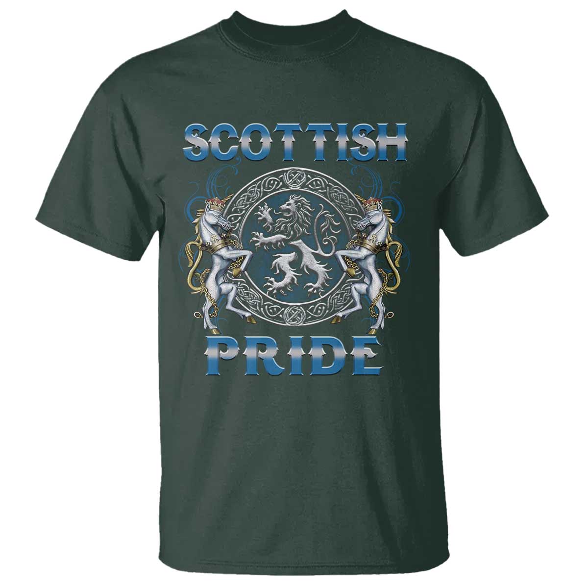 Scottish Pride T Shirt Lion Rampant Unicorns Scottish Flag TS11 Dark Forest Green Print Your Wear