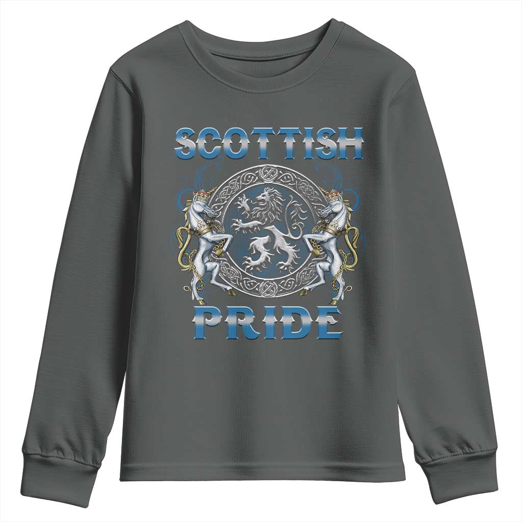Scottish Pride Youth Sweatshirt Lion Rampant Unicorns Scottish Flag TS11 Dark Heather Print Your Wear
