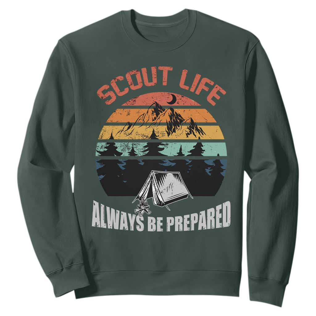 Scout Camping Sweatshirt Scout Camping Always Be Prepared Hiking Camping Outdoors Troop Leader TS02 Dark Forest Green Print Your Wear