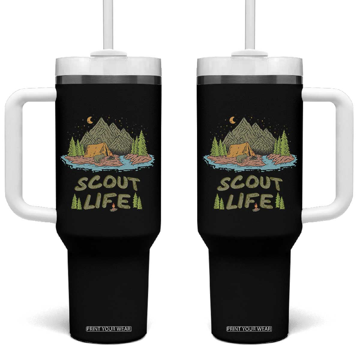 Scout Camping Tumbler With Handle Scout Camping Life Hiking Camping Outdoors Troop Leader TS02 One Size: 40 oz Black Print Your Wear