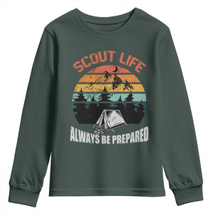 Scout Camping Youth Sweatshirt Scout Camping Always Be Prepared Hiking Camping Outdoors Troop Leader TS02 Dark Forest Green Print Your Wear