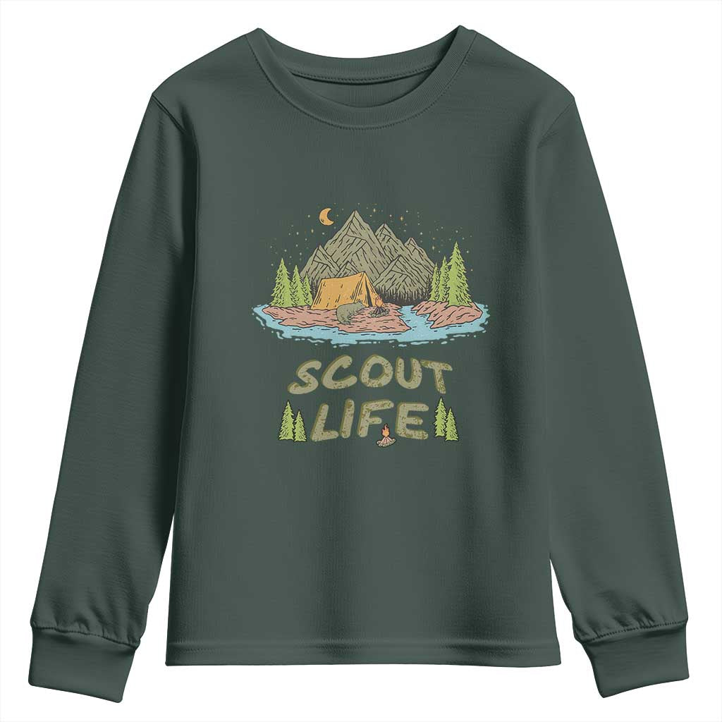 Scout Camping Youth Sweatshirt Scout Camping Life Hiking Camping Outdoors Troop Leader TS02 Dark Forest Green Print Your Wear