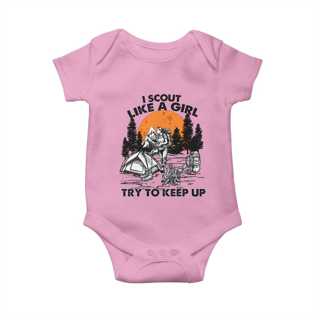 Scout Girl Baby Onesie I Scout Like A Girl Try To Keep Up Hiking Camping Scouting TS02 Light Pink Print Your Wear