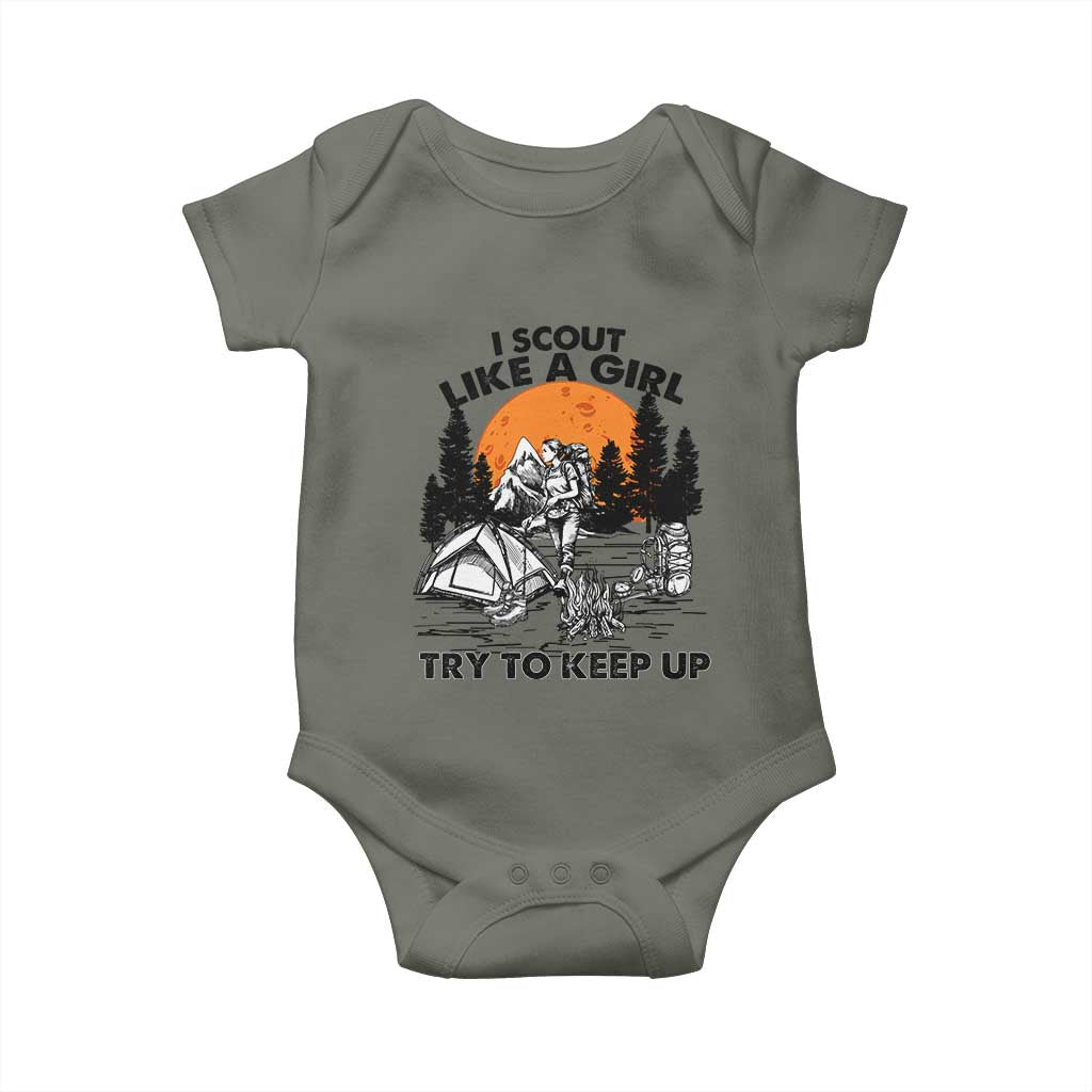 Scout Girl Baby Onesie I Scout Like A Girl Try To Keep Up Hiking Camping Scouting TS02 Military Green Print Your Wear