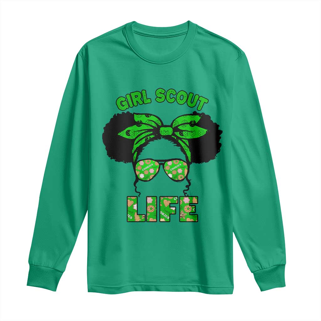 Scout Girl Cookie Dealer Long Sleeve Shirt Troop Leader Little Messy Bun TS02 Irish Green Print Your Wear