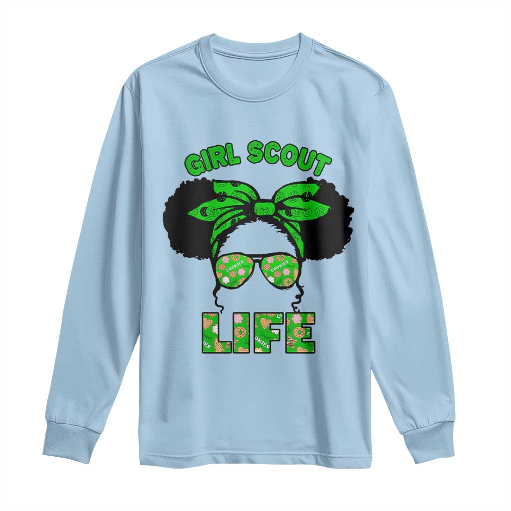 Scout Girl Cookie Dealer Long Sleeve Shirt Troop Leader Little Messy Bun TS02 Light Blue Print Your Wear