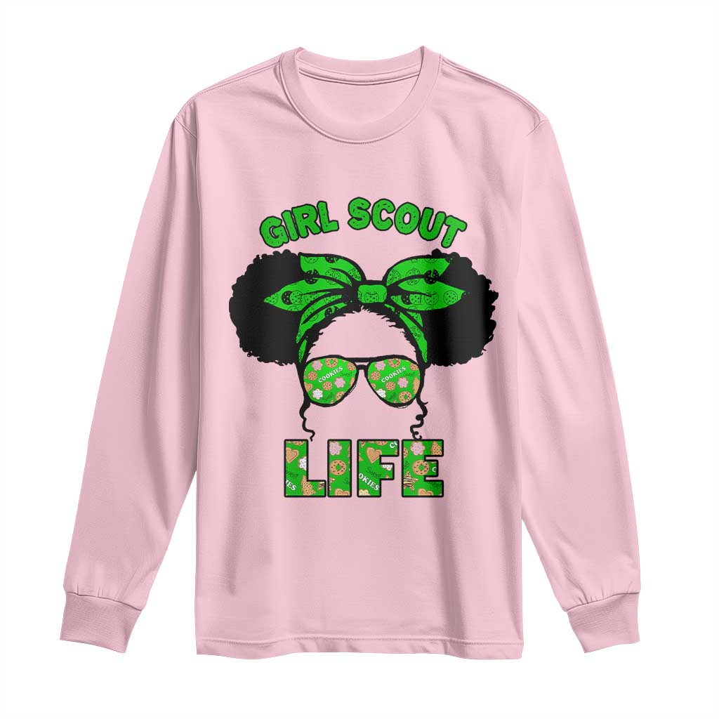 Scout Girl Cookie Dealer Long Sleeve Shirt Troop Leader Little Messy Bun TS02 Light Pink Print Your Wear