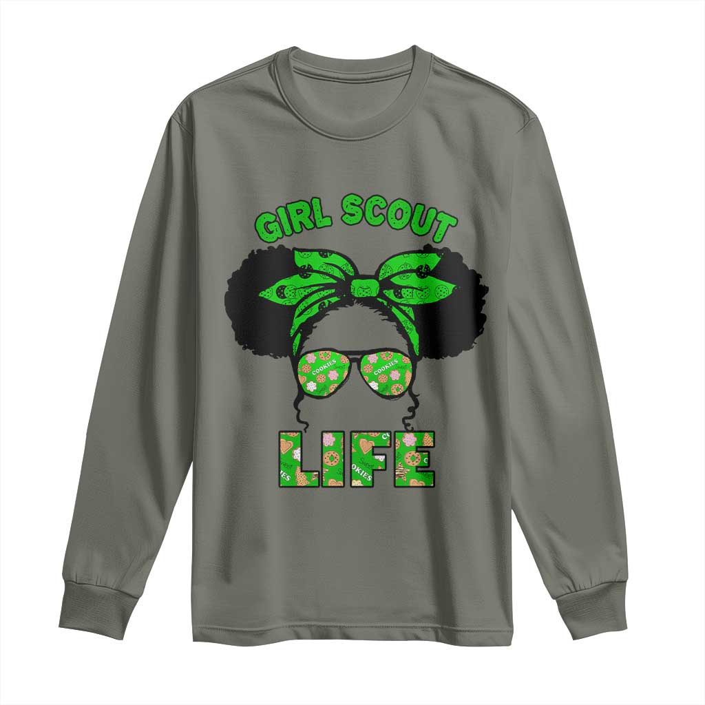 Scout Girl Cookie Dealer Long Sleeve Shirt Troop Leader Little Messy Bun TS02 Military Green Print Your Wear