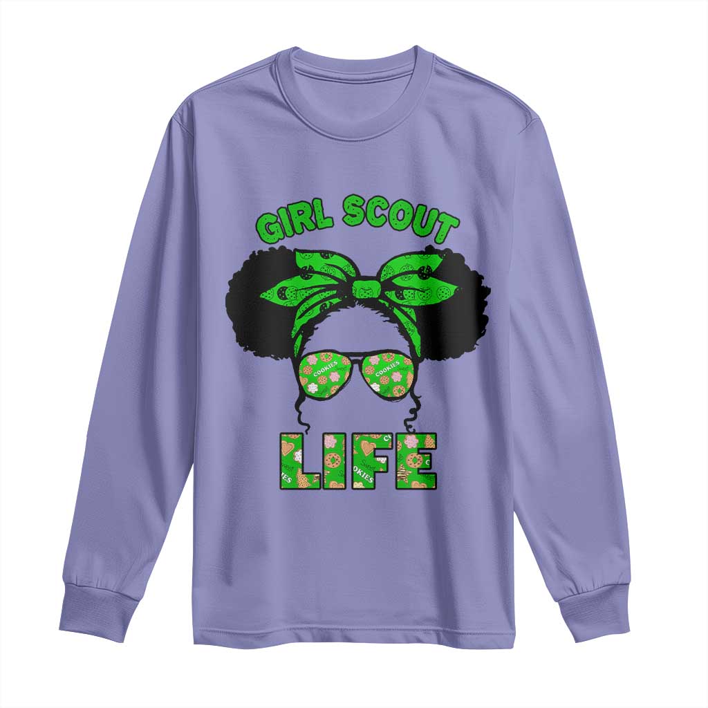 Scout Girl Cookie Dealer Long Sleeve Shirt Troop Leader Little Messy Bun TS02 Violet Print Your Wear