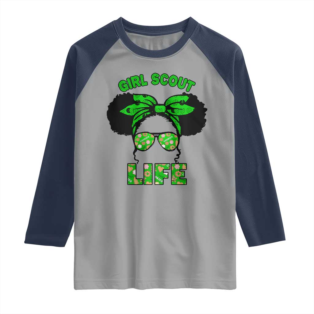 Scout Girl Cookie Dealer Raglan Shirt Troop Leader Little Messy Bun TS02 Sport Gray Navy Print Your Wear