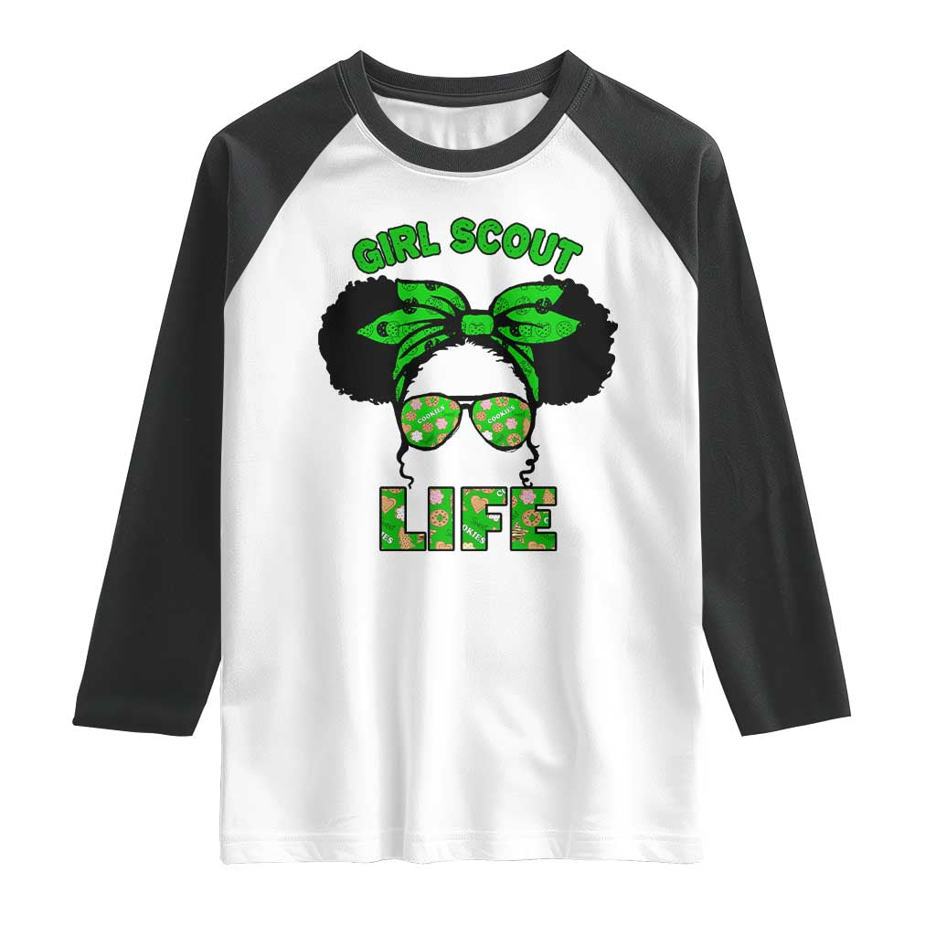 Scout Girl Cookie Dealer Raglan Shirt Troop Leader Little Messy Bun TS02 White Black Print Your Wear
