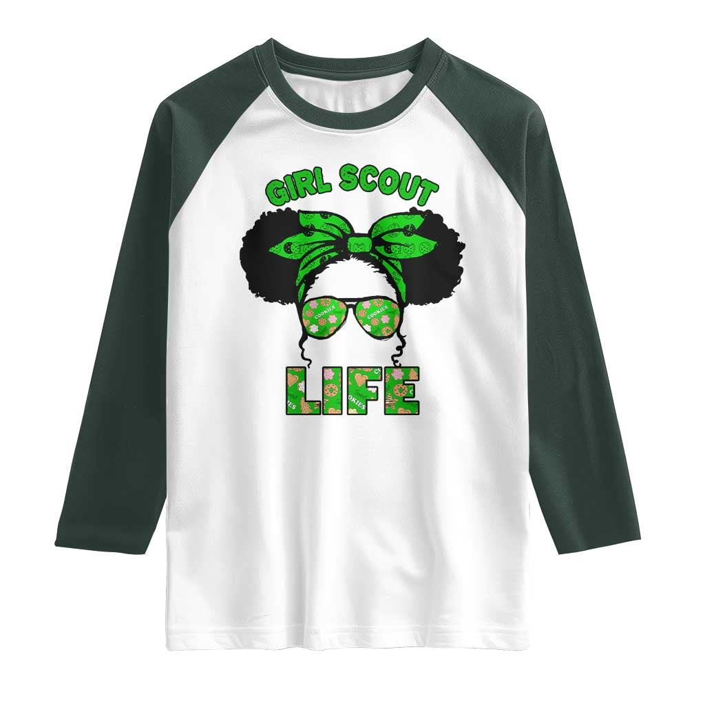 Scout Girl Cookie Dealer Raglan Shirt Troop Leader Little Messy Bun TS02 White Dark Forest Green Print Your Wear