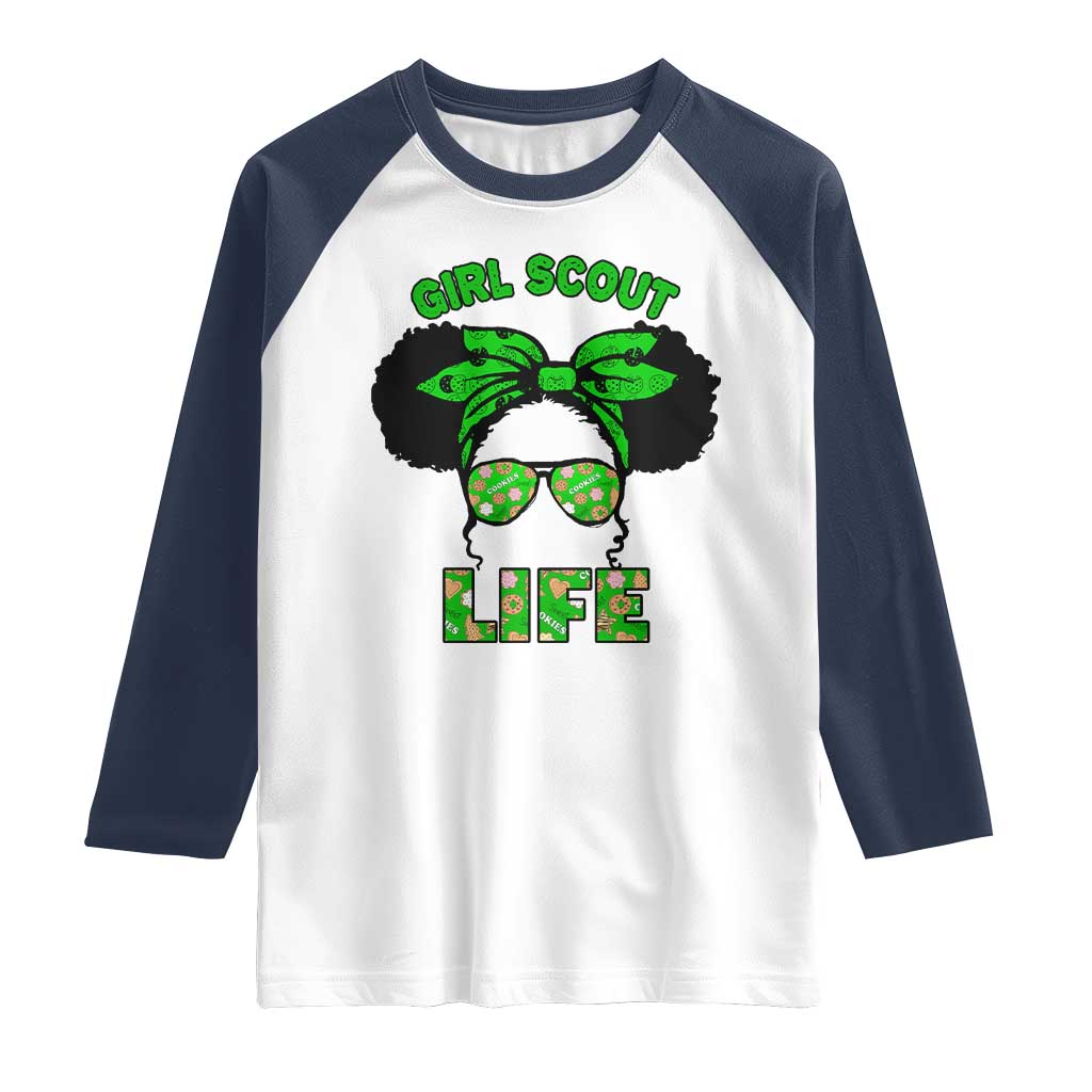 Scout Girl Cookie Dealer Raglan Shirt Troop Leader Little Messy Bun TS02 White Navy Print Your Wear