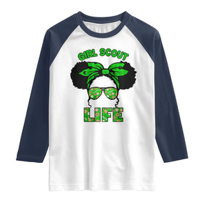 Scout Girl Cookie Dealer Raglan Shirt Troop Leader Little Messy Bun TS02 White Navy Print Your Wear