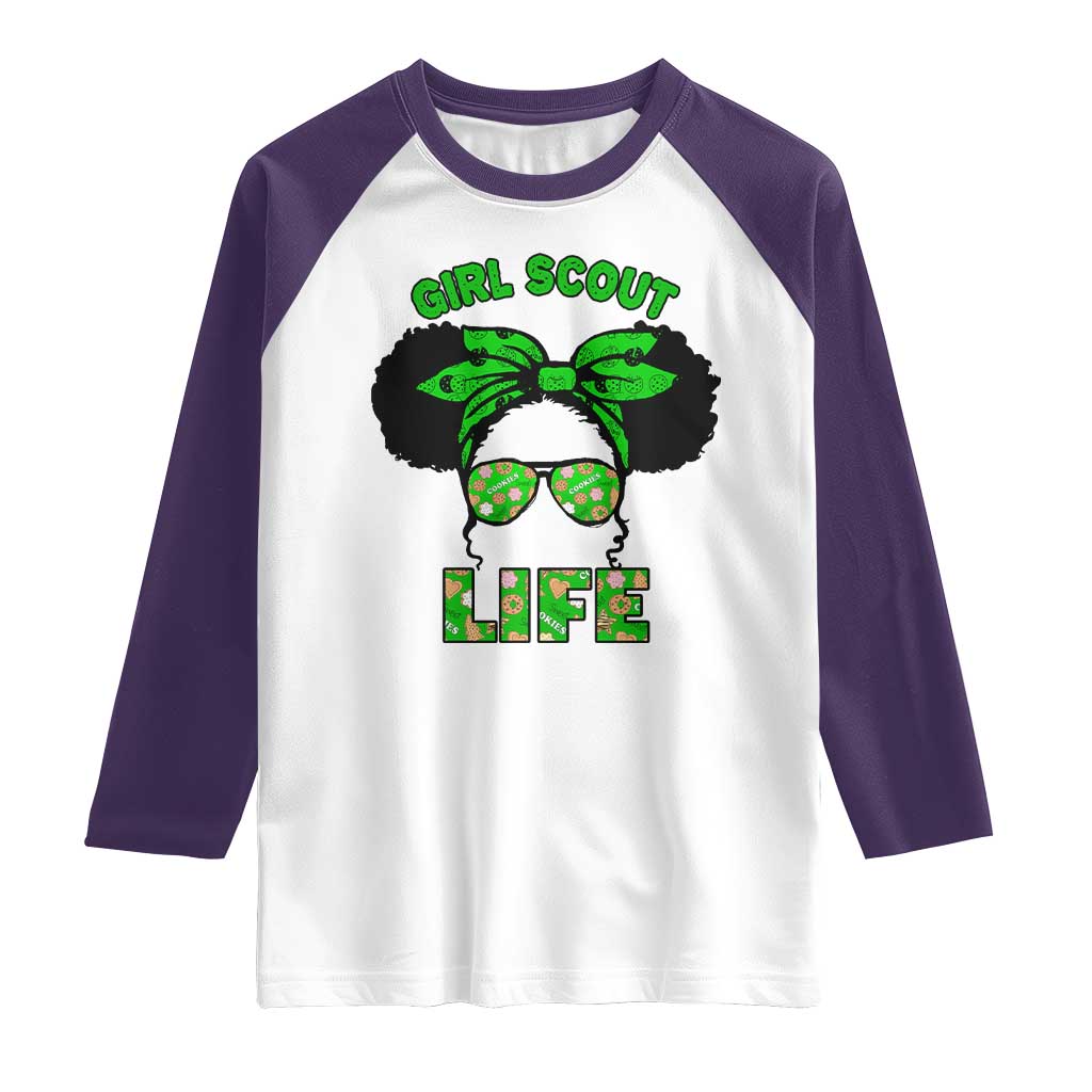 Scout Girl Cookie Dealer Raglan Shirt Troop Leader Little Messy Bun TS02 White Purple Print Your Wear