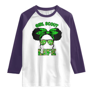 Scout Girl Cookie Dealer Raglan Shirt Troop Leader Little Messy Bun TS02 White Purple Print Your Wear