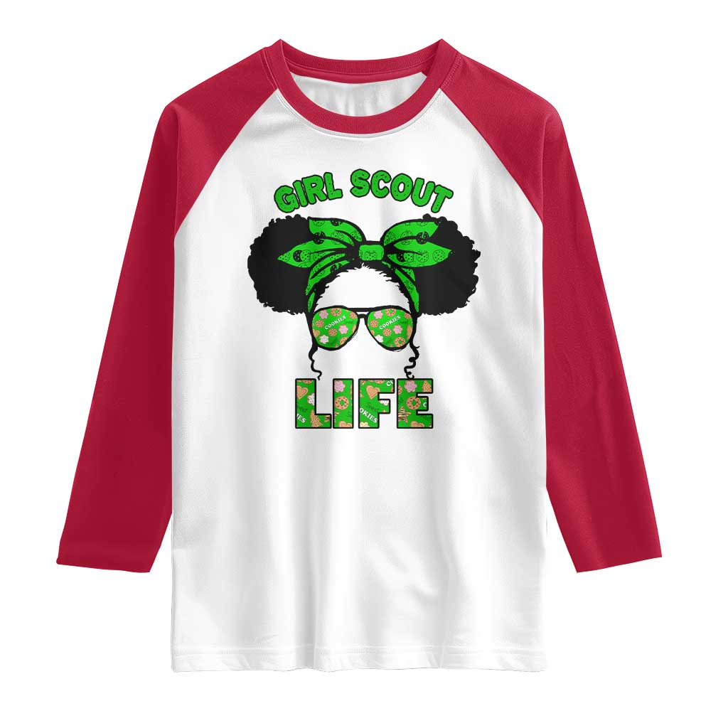 Scout Girl Cookie Dealer Raglan Shirt Troop Leader Little Messy Bun TS02 White Red Print Your Wear
