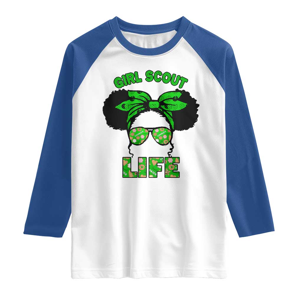 Scout Girl Cookie Dealer Raglan Shirt Troop Leader Little Messy Bun TS02 White Royal Print Your Wear