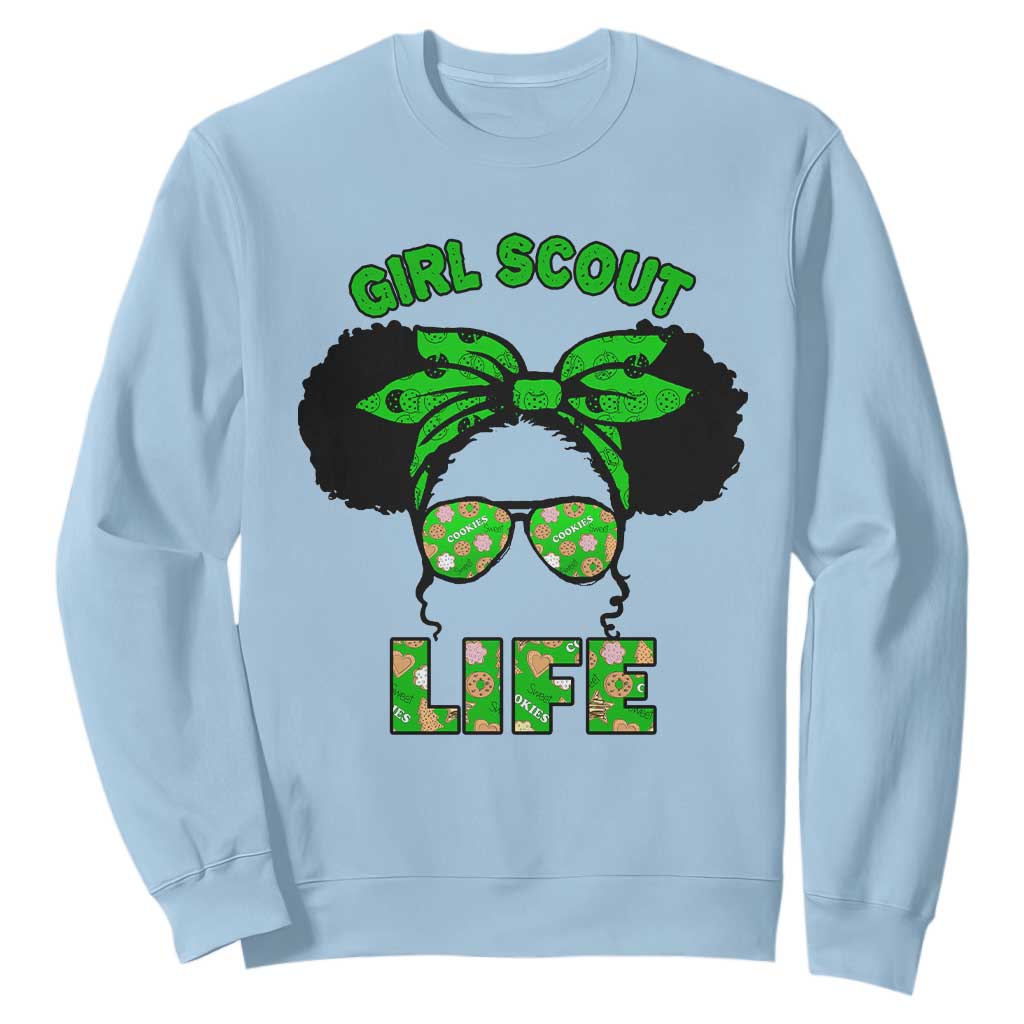 Scout Girl Cookie Dealer Sweatshirt Troop Leader Little Messy Bun TS02 Light Blue Print Your Wear