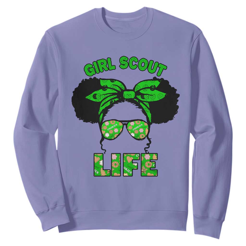 Scout Girl Cookie Dealer Sweatshirt Troop Leader Little Messy Bun TS02 Violet Print Your Wear