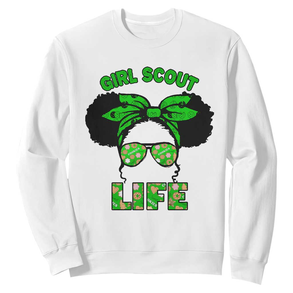 Scout Girl Cookie Dealer Sweatshirt Troop Leader Little Messy Bun TS02 White Print Your Wear