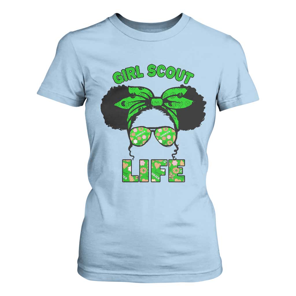 Scout Girl Cookie Dealer T Shirt For Women Troop Leader Little Messy Bun TS02 Light Blue Print Your Wear