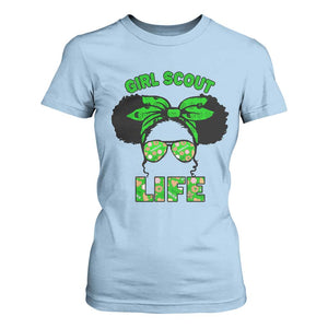 Scout Girl Cookie Dealer T Shirt For Women Troop Leader Little Messy Bun TS02 Light Blue Print Your Wear