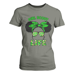 Scout Girl Cookie Dealer T Shirt For Women Troop Leader Little Messy Bun TS02 Military Green Print Your Wear