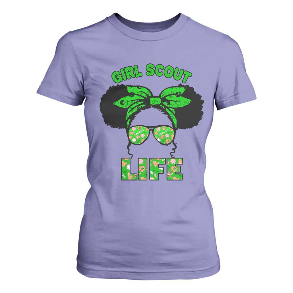Scout Girl Cookie Dealer T Shirt For Women Troop Leader Little Messy Bun TS02 Violet Print Your Wear