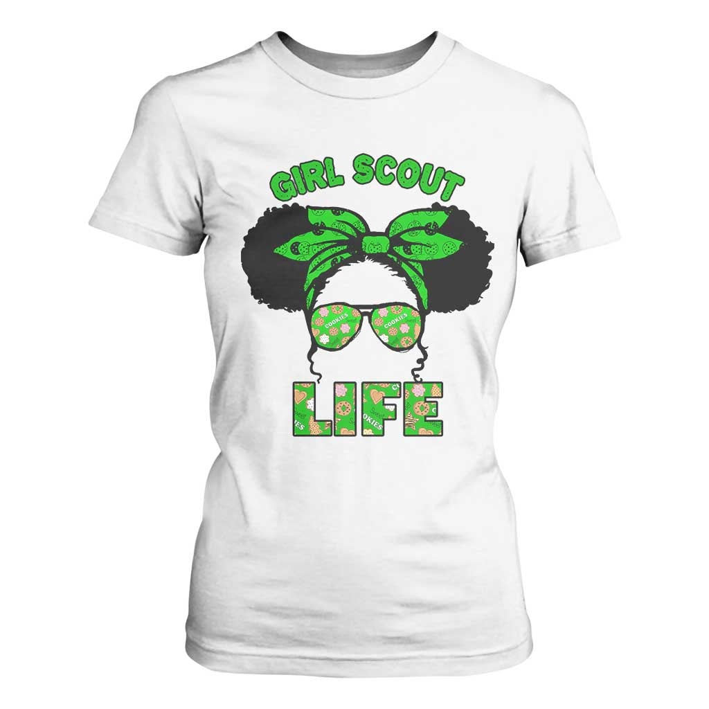 Scout Girl Cookie Dealer T Shirt For Women Troop Leader Little Messy Bun TS02 White Print Your Wear