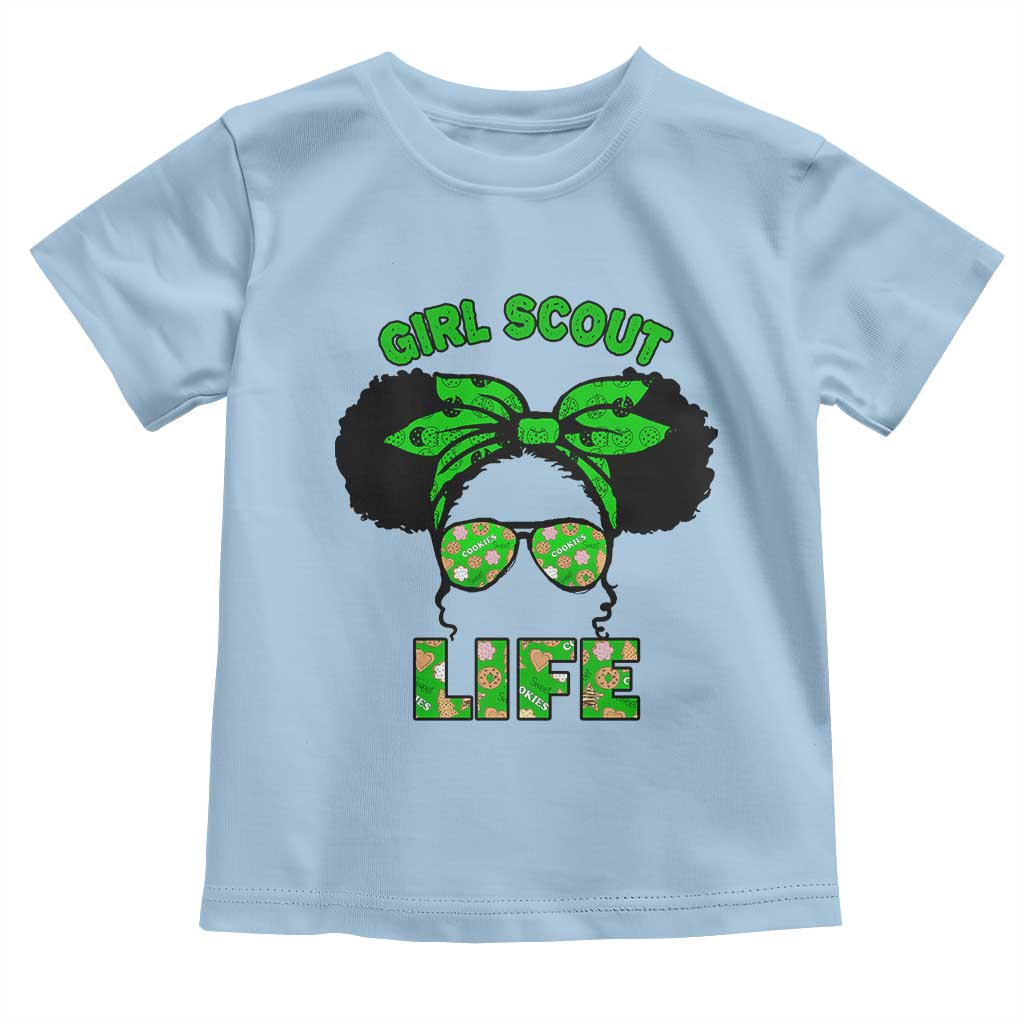 Scout Girl Cookie Dealer Toddler T Shirt Troop Leader Little Messy Bun TS02 Light Blue Print Your Wear