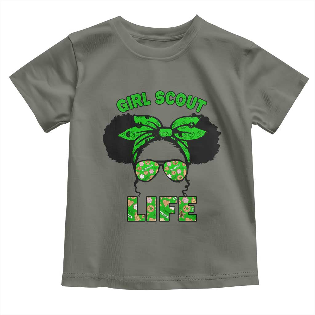 Scout Girl Cookie Dealer Toddler T Shirt Troop Leader Little Messy Bun TS02 Military Green Print Your Wear