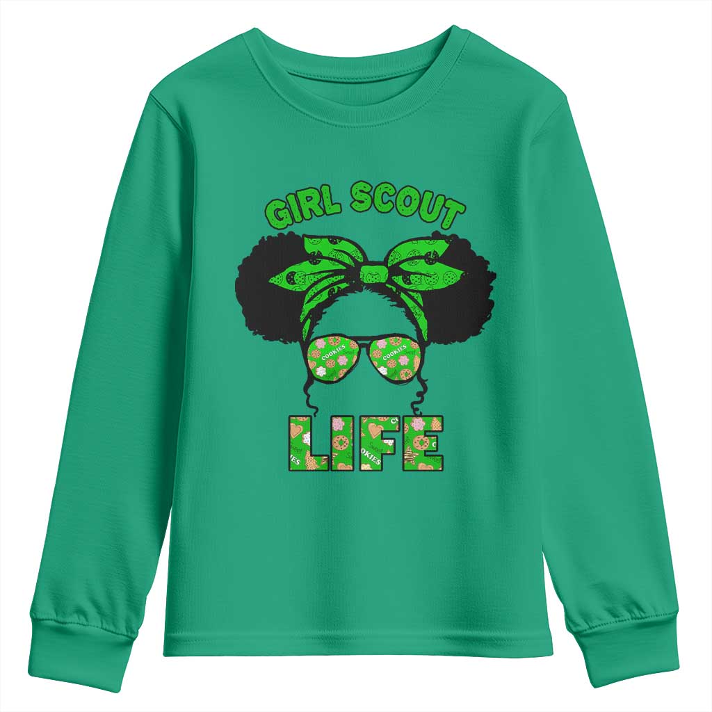 Scout Girl Cookie Dealer Youth Sweatshirt Troop Leader Little Messy Bun TS02 Irish Green Print Your Wear