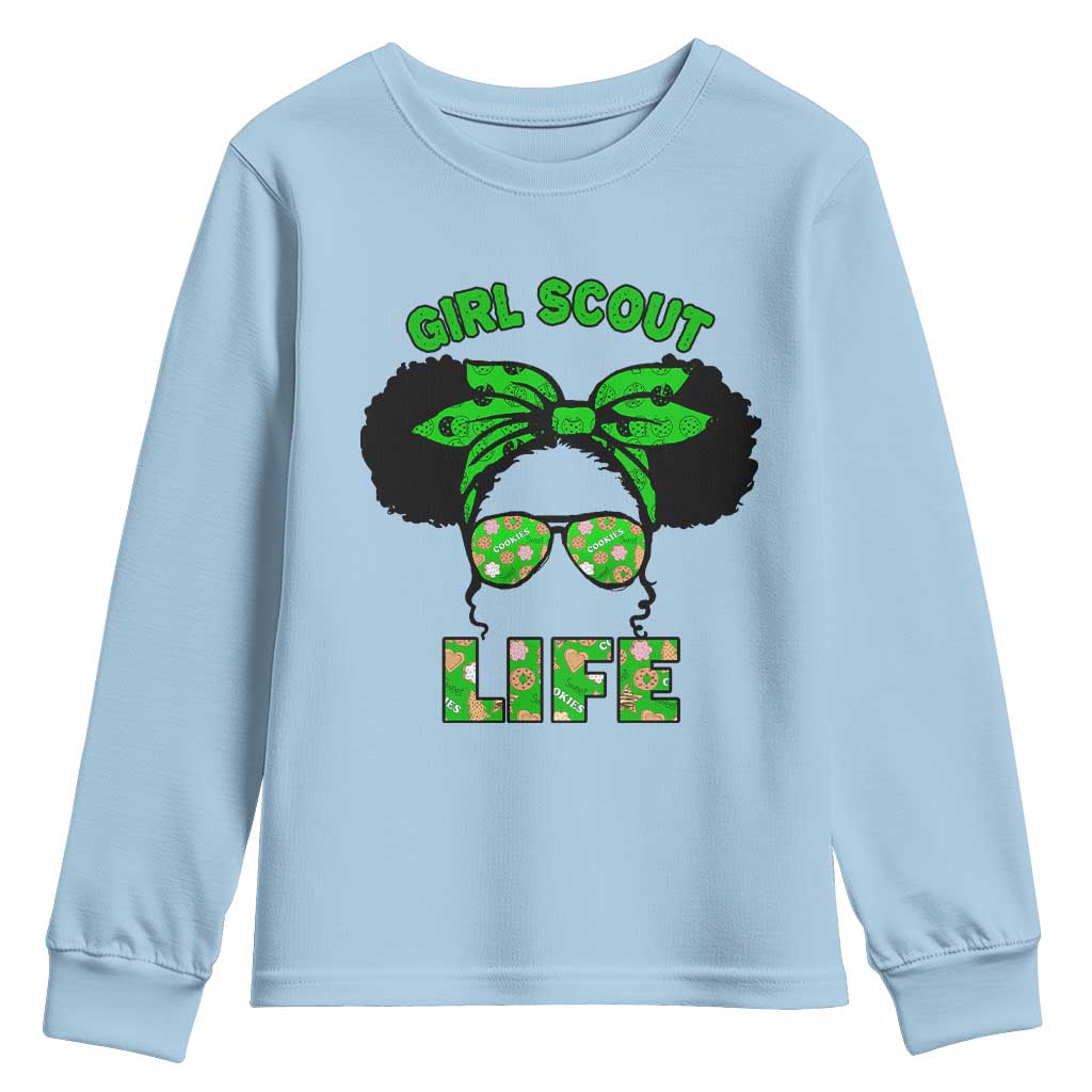 Scout Girl Cookie Dealer Youth Sweatshirt Troop Leader Little Messy Bun TS02 Light Blue Print Your Wear