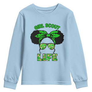 Scout Girl Cookie Dealer Youth Sweatshirt Troop Leader Little Messy Bun TS02 Light Blue Print Your Wear
