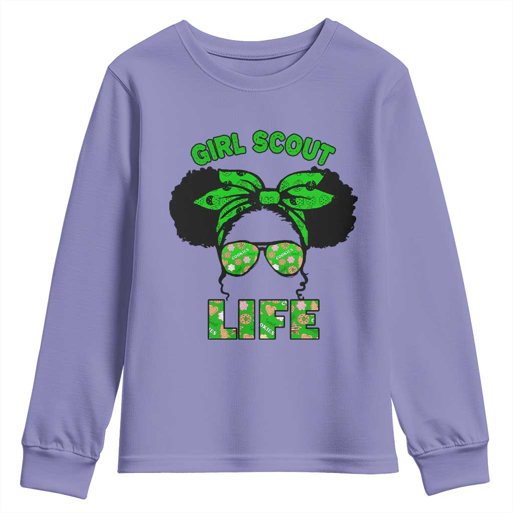 Scout Girl Cookie Dealer Youth Sweatshirt Troop Leader Little Messy Bun TS02 Violet Print Your Wear