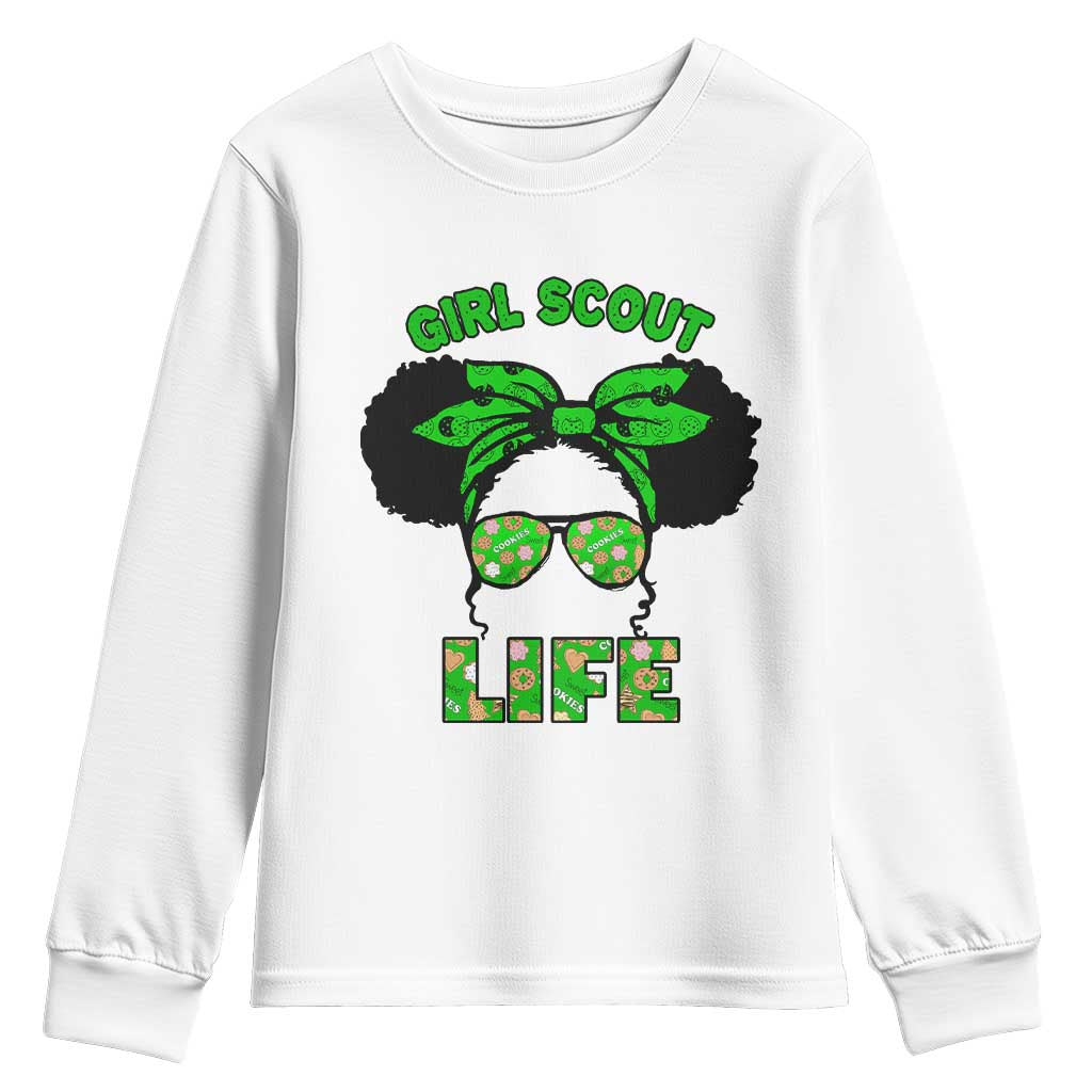 Scout Girl Cookie Dealer Youth Sweatshirt Troop Leader Little Messy Bun TS02 White Print Your Wear
