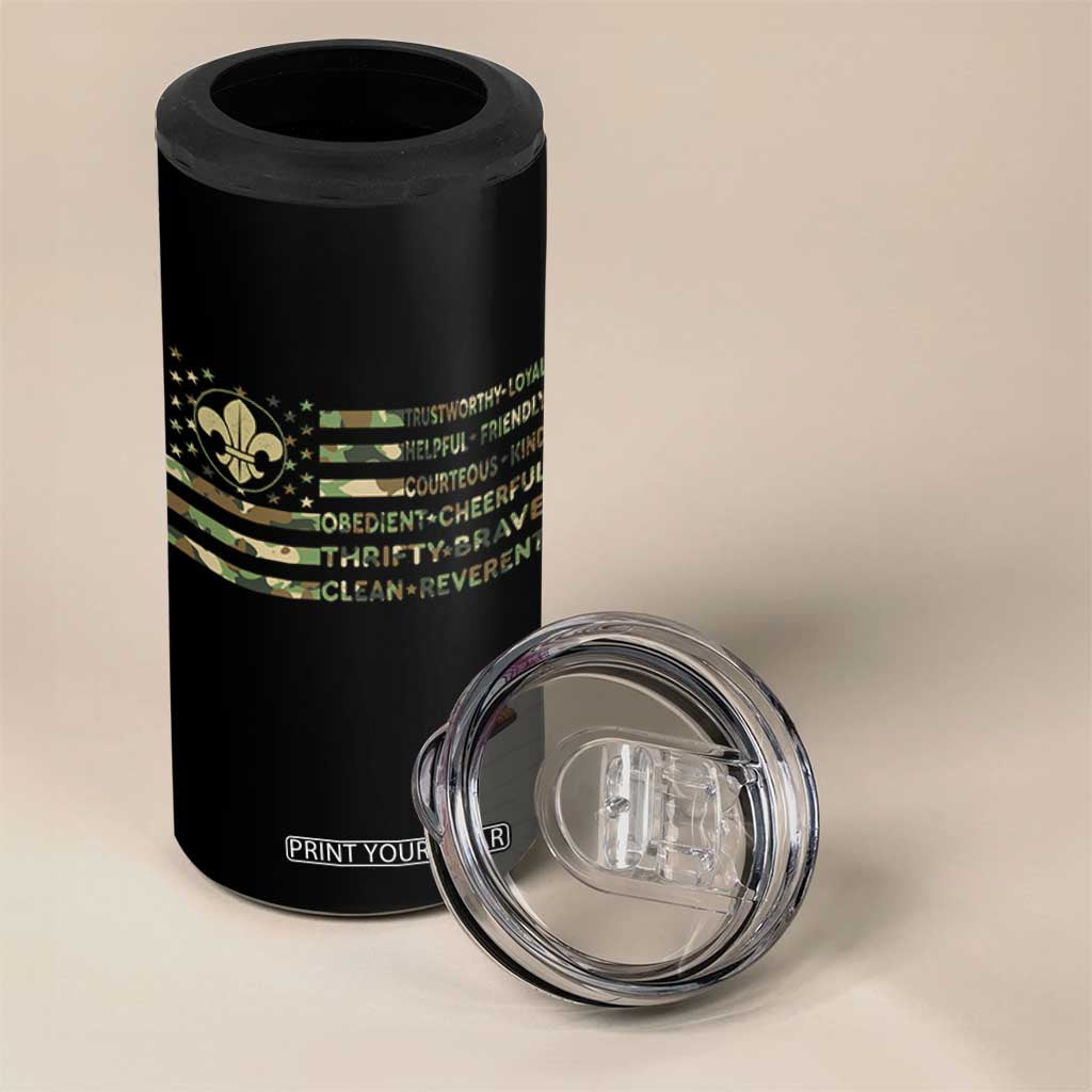 Scout Law Values 4 in 1 Can Cooler Tumbler American Camo Flag Retro Vintage TS02 Print Your Wear