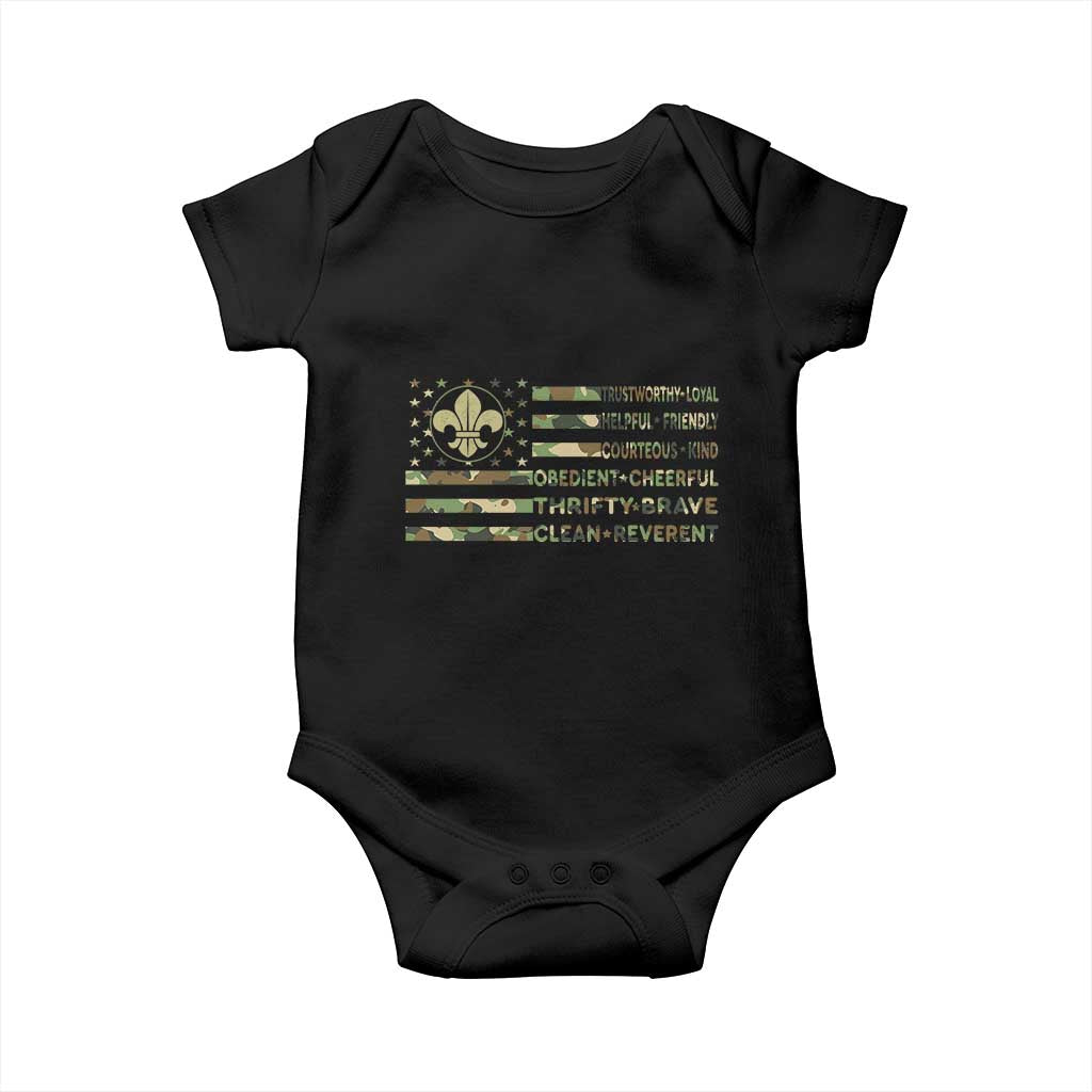 Scout Law Values Baby Onesie American Camo Flag Retro Vintage TS02 Black Print Your Wear