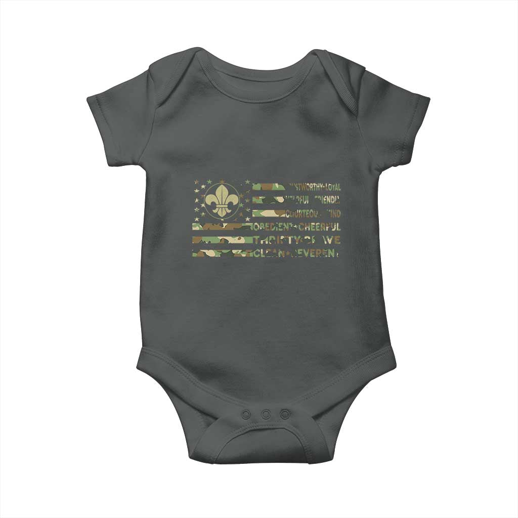 Scout Law Values Baby Onesie American Camo Flag Retro Vintage TS02 Dark Heather Print Your Wear