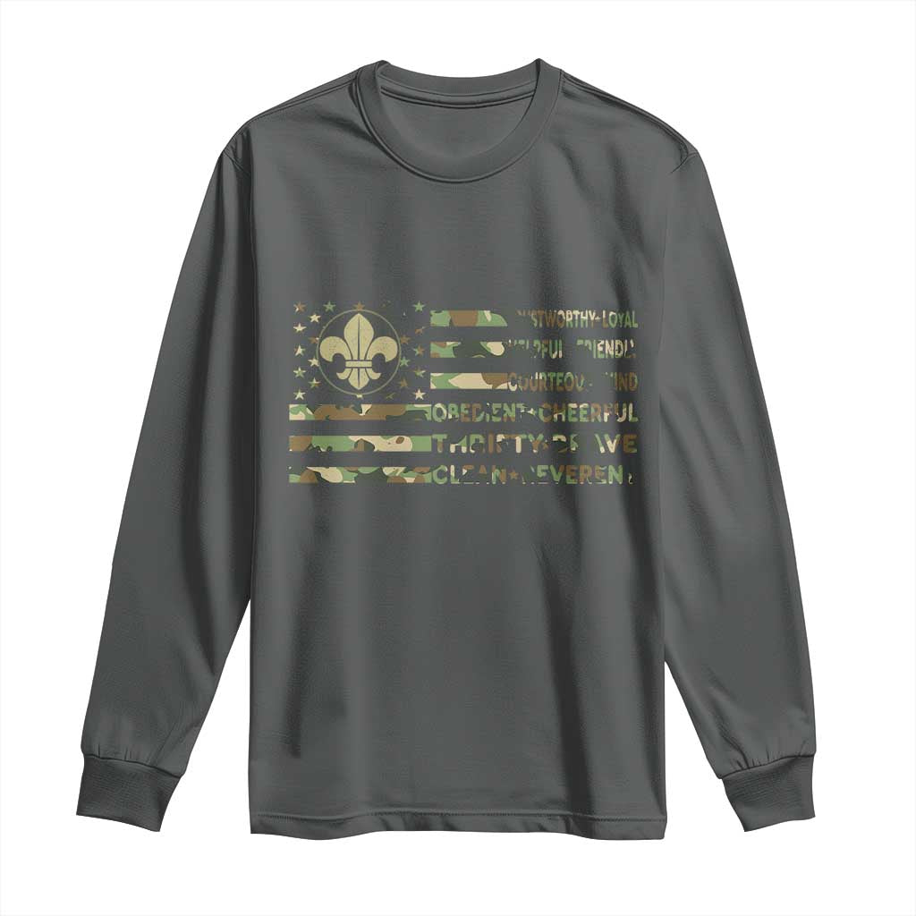 Scout Law Values Long Sleeve Shirt American Camo Flag Retro Vintage TS02 Dark Heather Print Your Wear