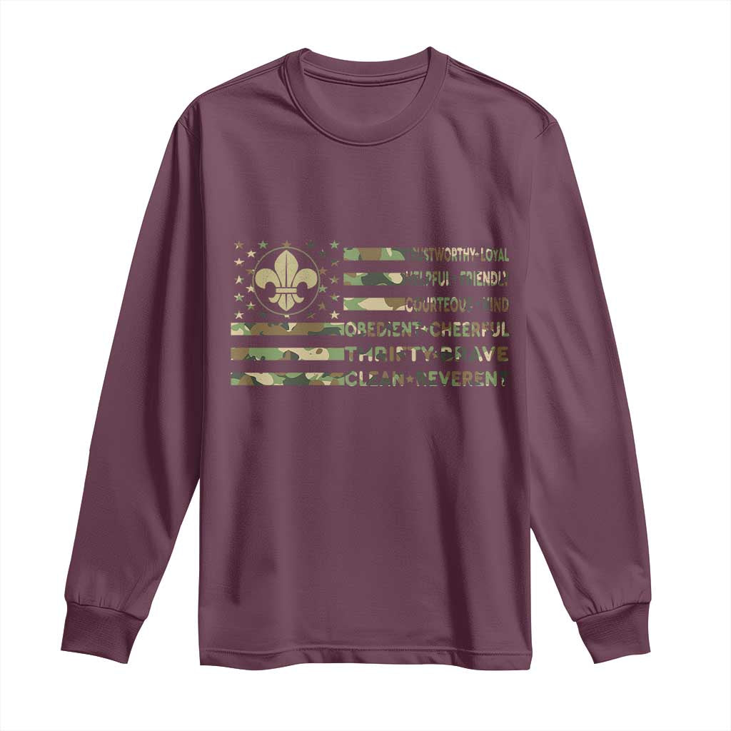 Scout Law Values Long Sleeve Shirt American Camo Flag Retro Vintage TS02 Maroon Print Your Wear