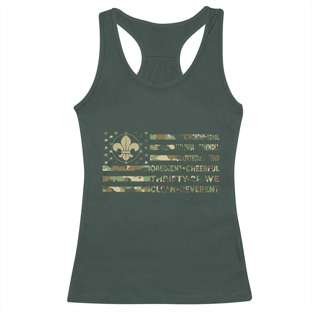 Scout Law Values Racerback Tank Top American Camo Flag Retro Vintage TS02 Dark Forest Green Print Your Wear